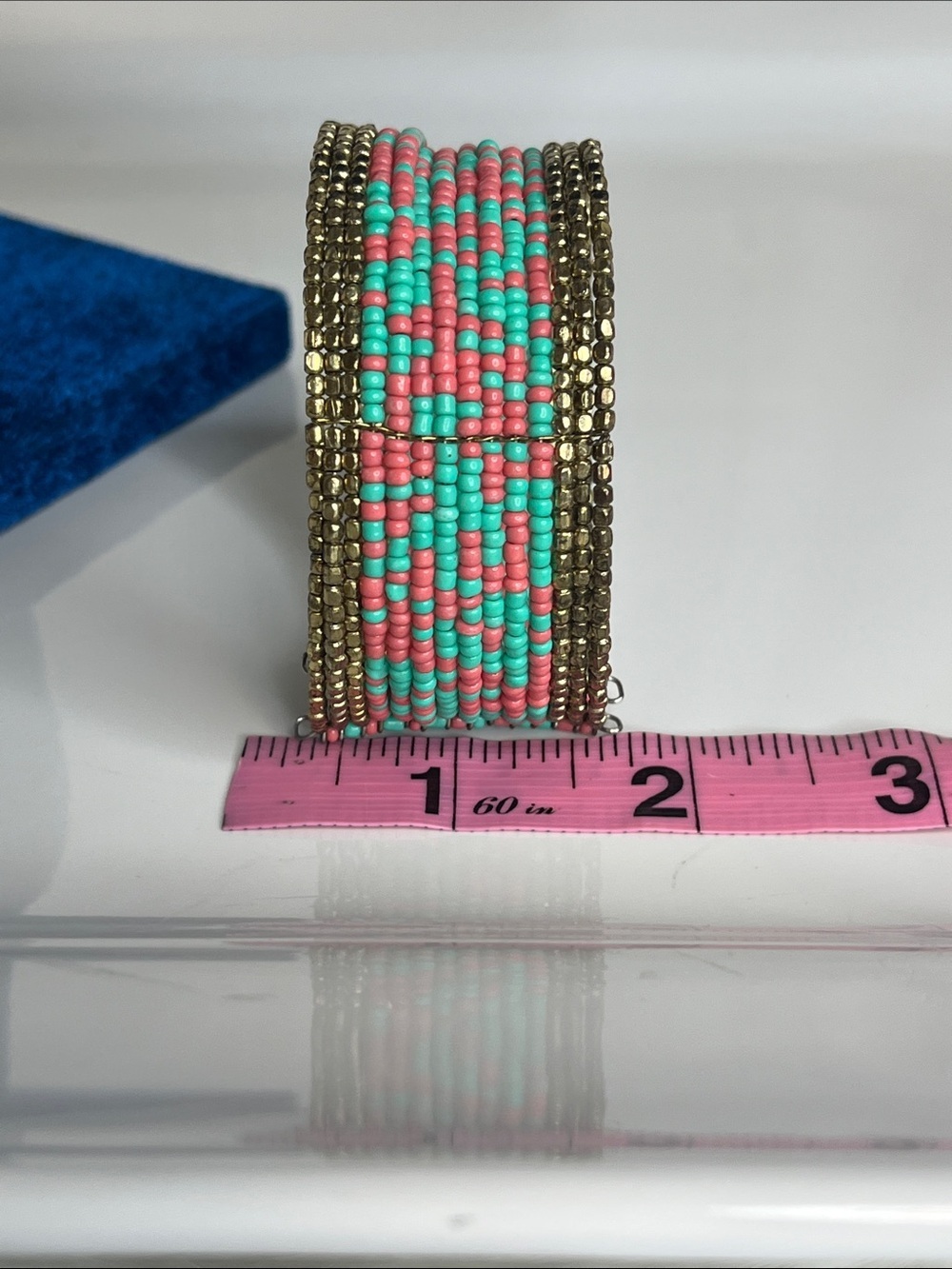 Beaded Turquoise & Coral color Bracelet with Gold Accent, Stretch Wire Opening - Picture 5 of 5